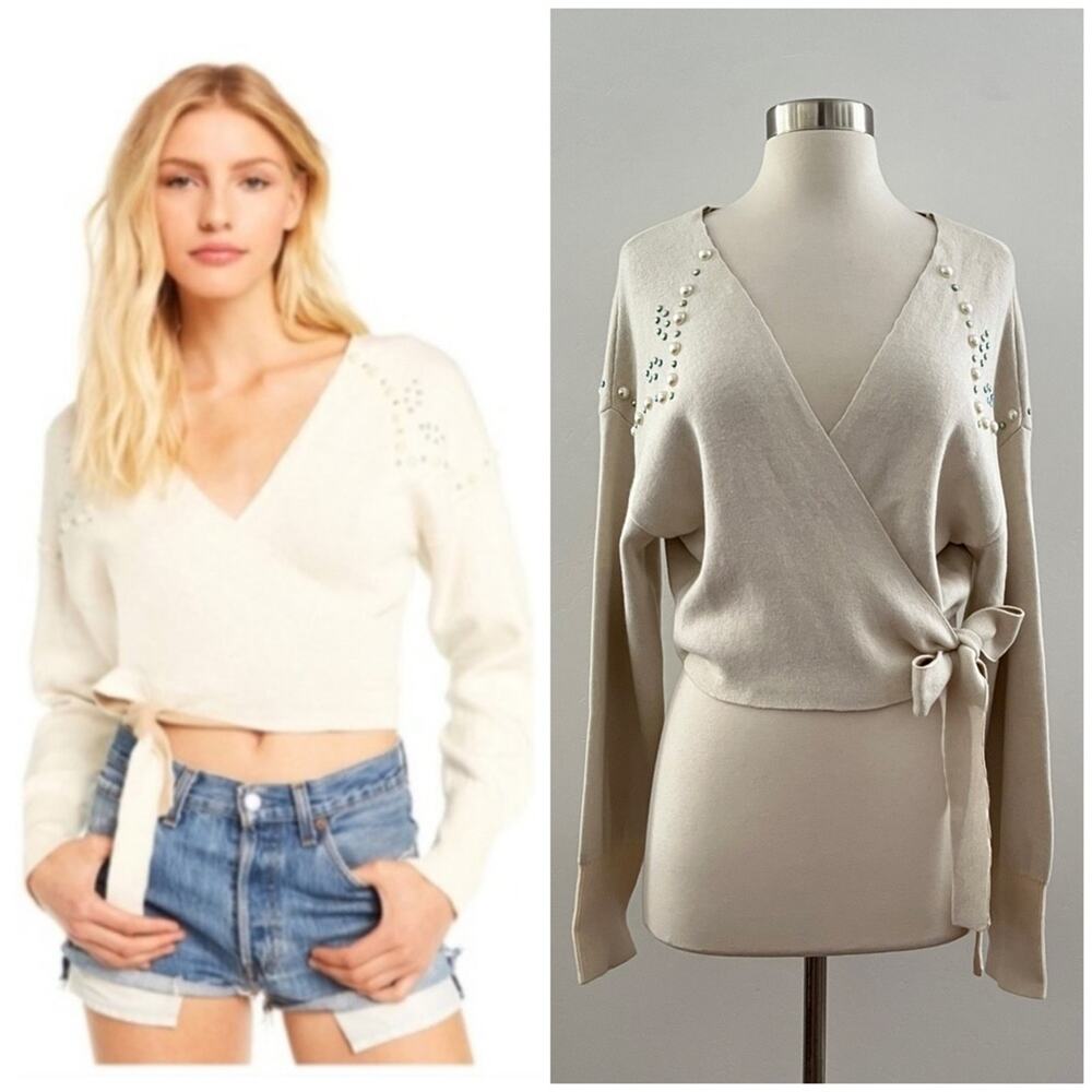 Wildfox Wilder Pearl Tie Wrap Sweater Embellished Beaded Cropped Cream Large NEW